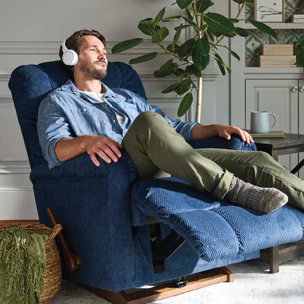 Recliner with Ribbed Fabric Texture and Wood Lever Handle