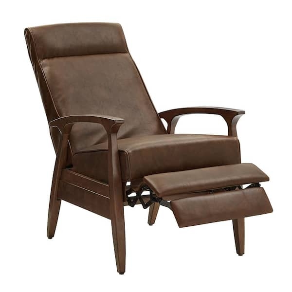 Recliner with Slim Profile, High Back Manual Wood Frame, Brown