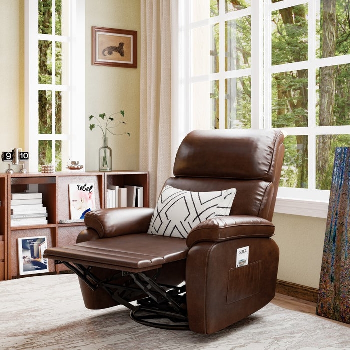 Recliner with Swivel Rocker Base and Brown Leather-like Finish