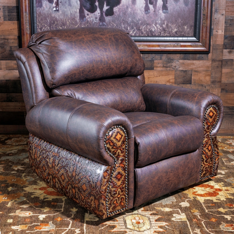 Recliner with Tooled Leather Panels, Brass Nailhead Trim, Rustic