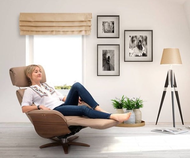 Recliner with Wood Shell Beige Swivel Base Integrated Headrest Modern