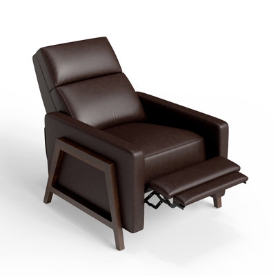 Reclining Armchair Dark Brown Leather, Geometric Wood Frame & Footrest