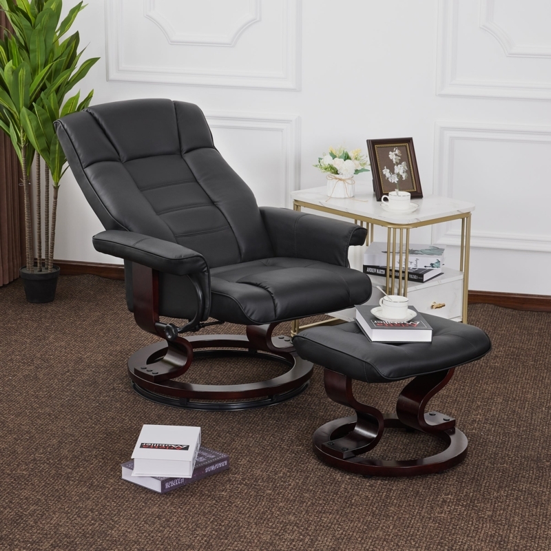 Reclining Chair Black Faux Leather Sculptural Wood Pedestal Base