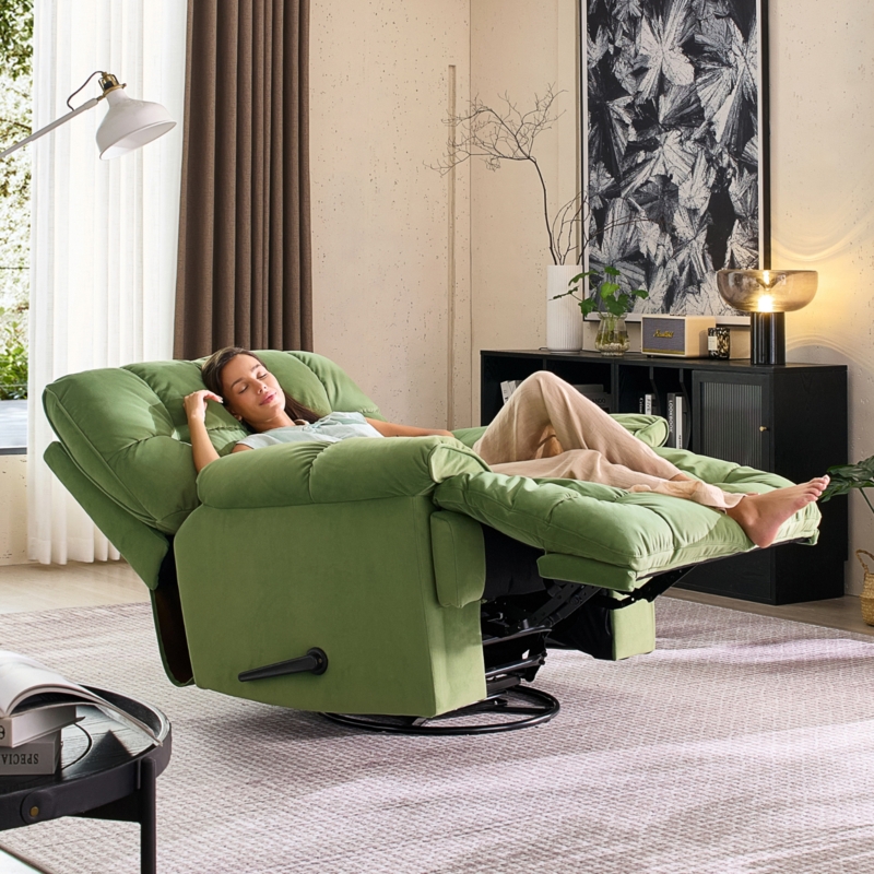 Reclining Chair Green Pillow Top Cushioning Swivel Base Manual