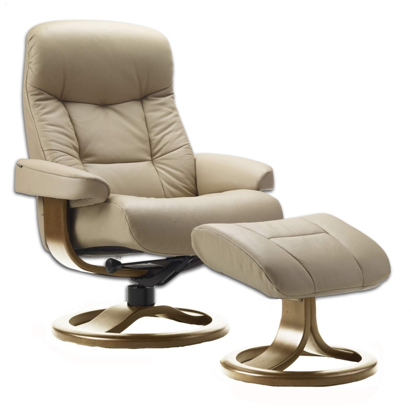 Reclining Chair with Ottoman in Beige Leather-Like Upholstery and Circular Wood Base