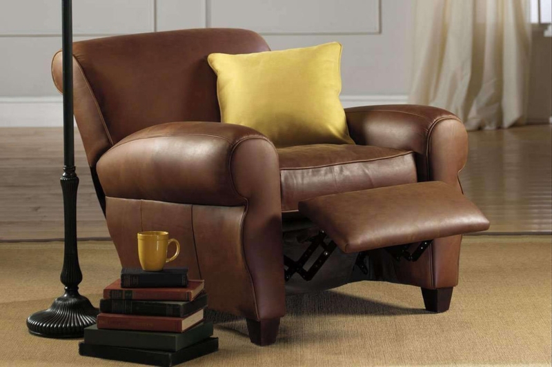 Reclining Club Chair with Rolled Arms in Warm Leather Tone