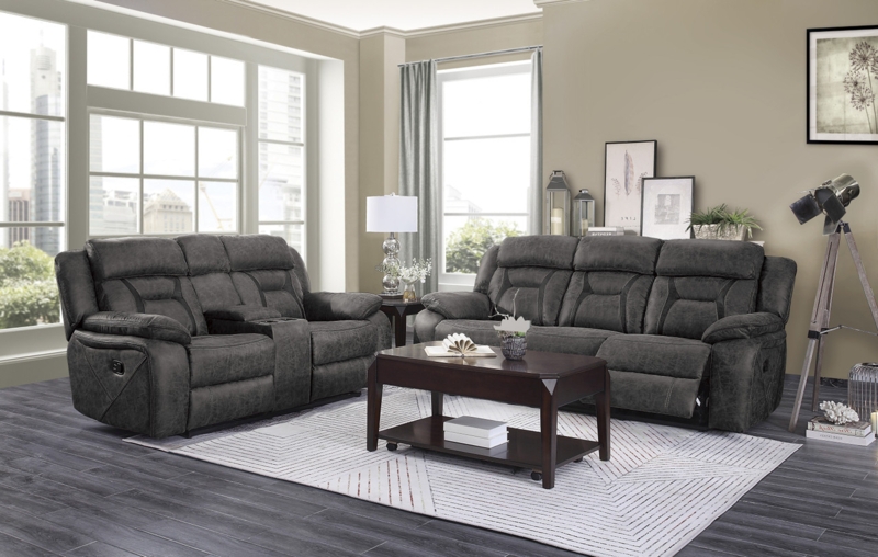 Reclining Living Room Set Dark Gray Microsuede Console Loveseat
