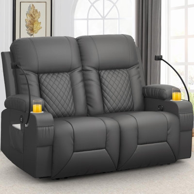 Reclining Loveseat Charcoal Grey Theater Seating with Cup Holders