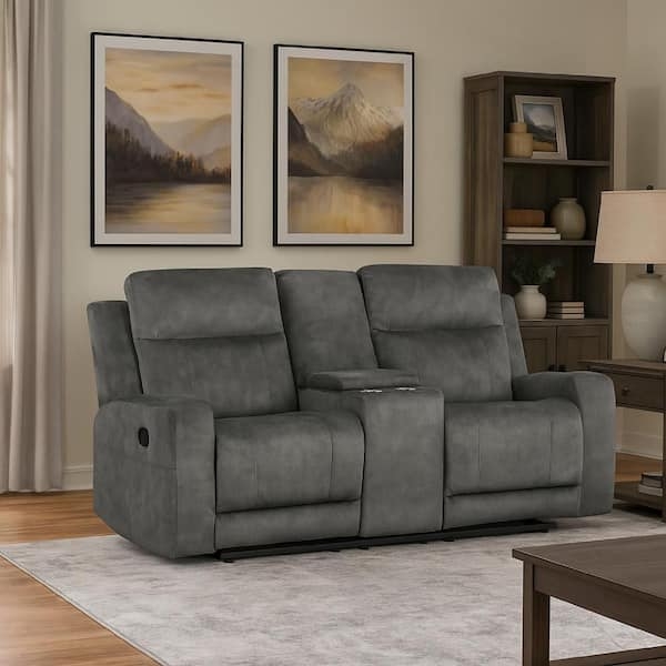 Reclining Loveseat Dark Gray Brown Console Cupholders Microsuede