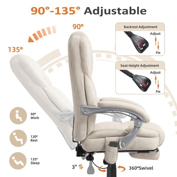 Reclining Office Chair, 90-135 Degree Recline, Beige Fabric, Massage Remote