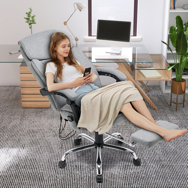 Reclining Office Chair in Light Gray Fabric with Retractable Footrest