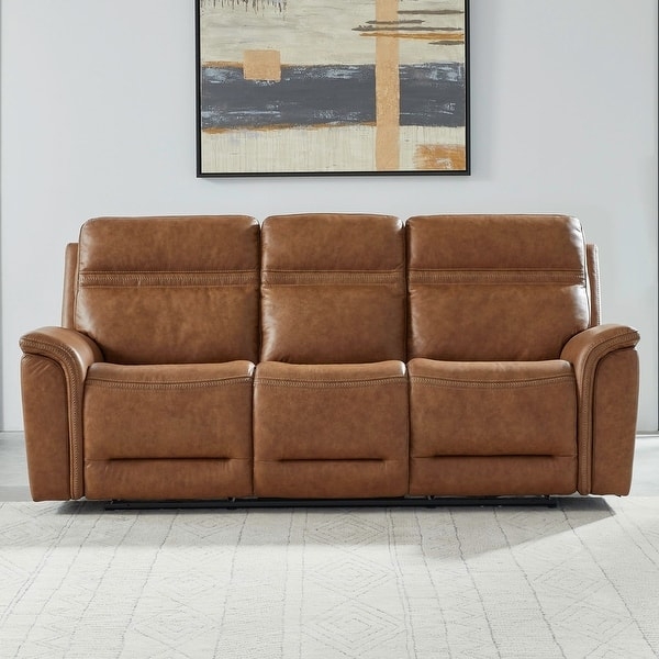 Reclining Sofa Camel Leather-Like Power Recline Triple Divided Back