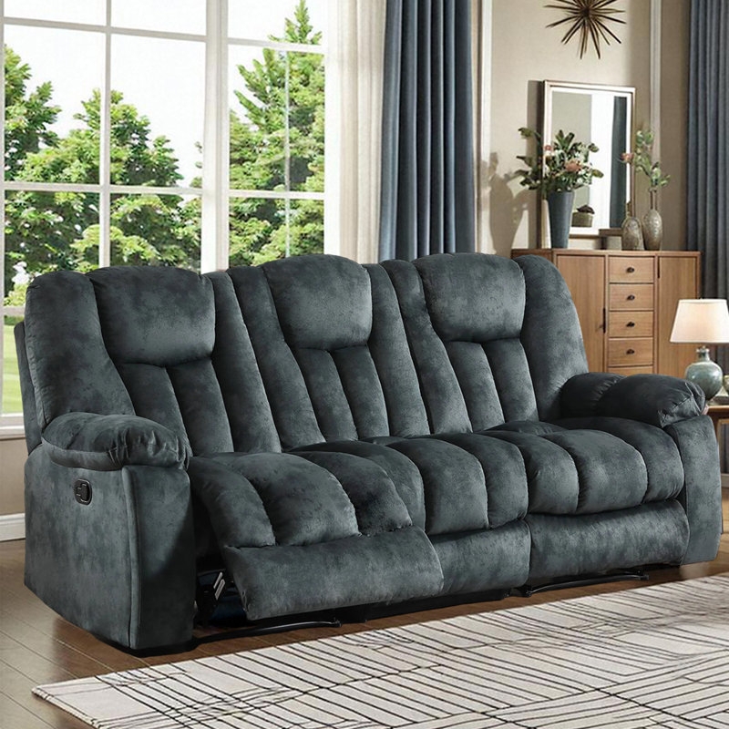 Reclining Sofa Charcoal Grey Microfiber Vertical Channeled Back