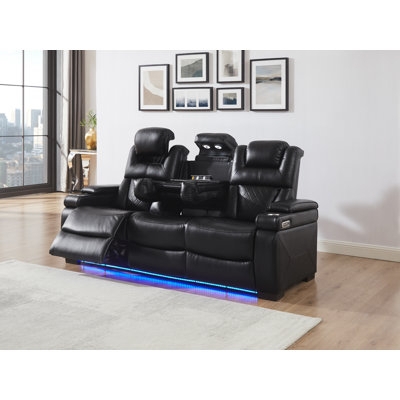 Reclining Sofa Featuring Drop Down Table and Blue LED Base Light