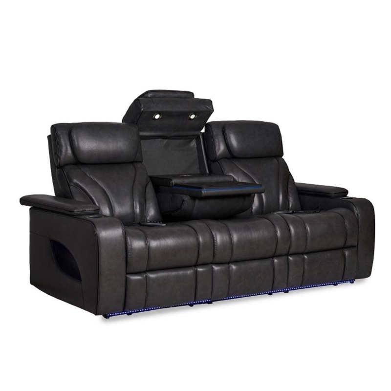 Reclining Sofa Fold-Down Console Blue LED Base Charcoal Leather-Like