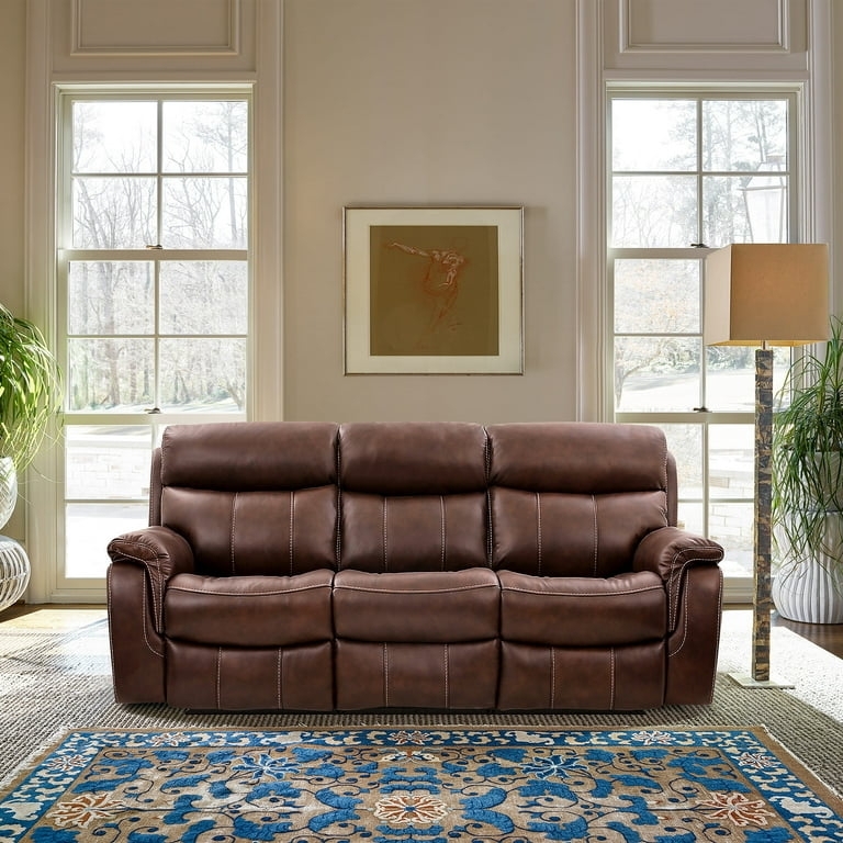 Reclining Sofa Leather-Like with White Contrast Stitching Traditional