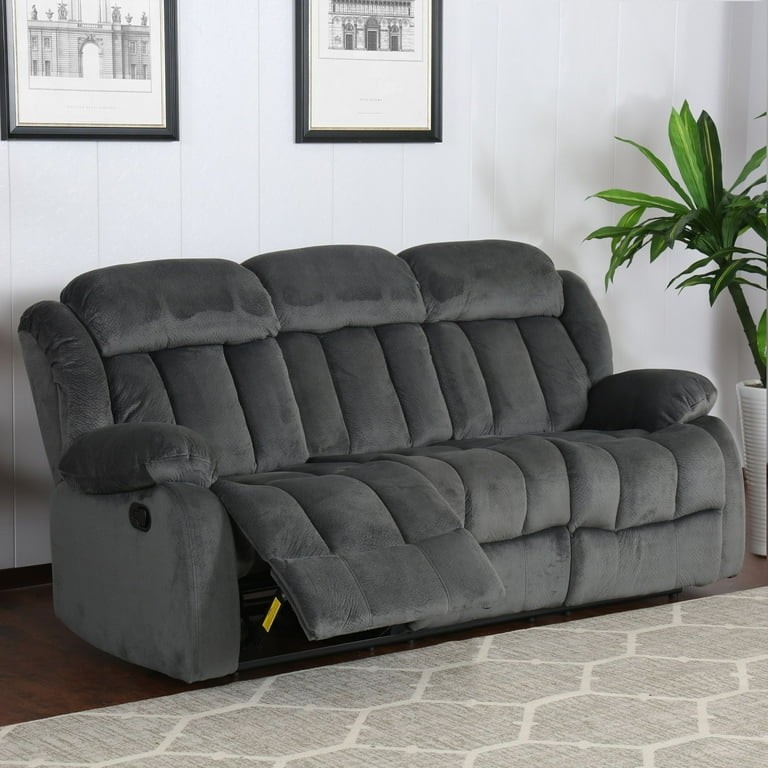 Reclining Sofa Overstuffed Channel Tufted Charcoal Microsuede Comfortable