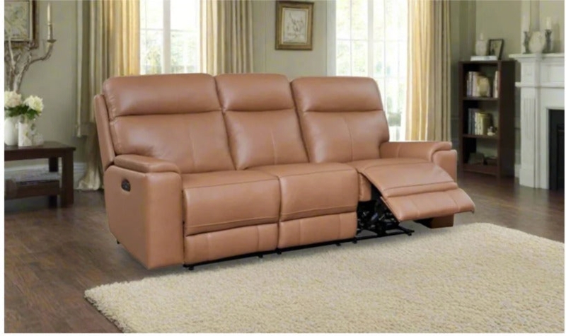 Reclining Sofa Tan Leather-Like Power Reclining Channeled Back Cozy