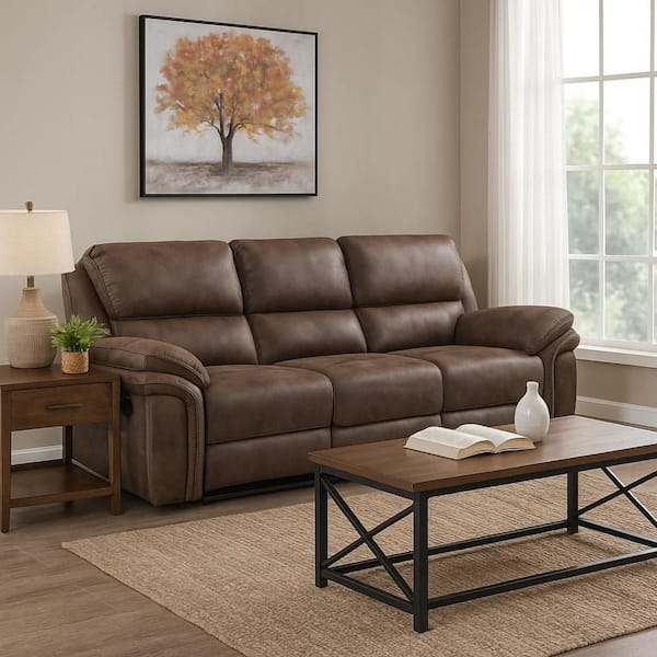 Reclining Sofa Three Seater Pillow Top Arms Brown Microfiber