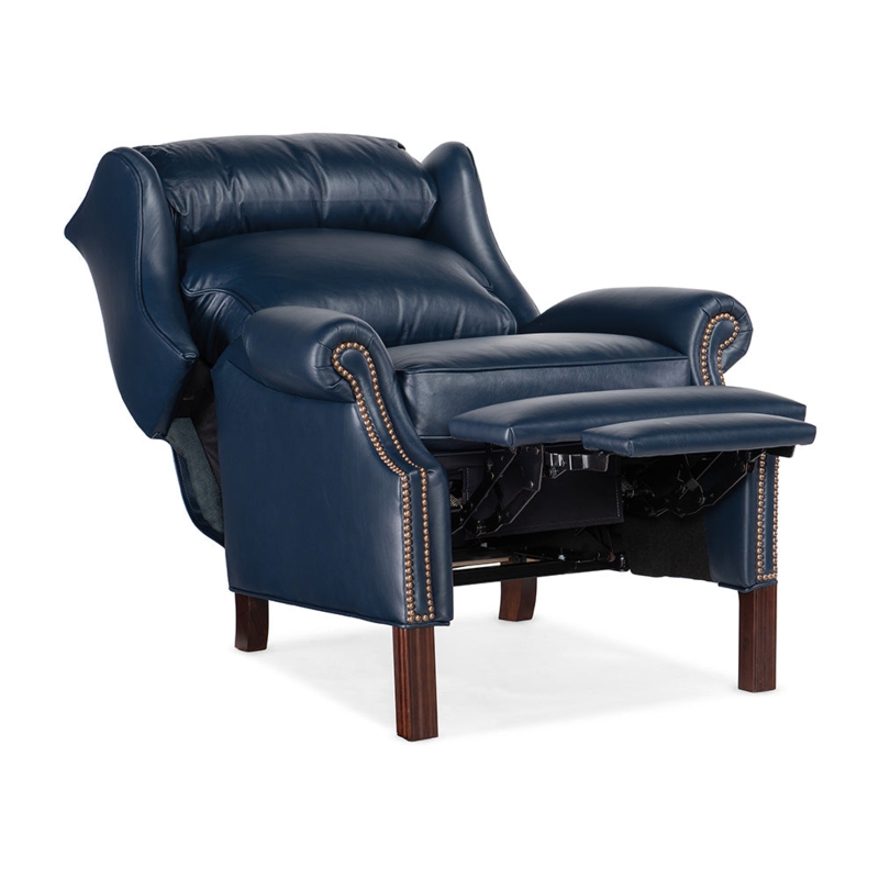 Reclining Wing Chair, Navy Leather-Like, Brass Nailhead Trim