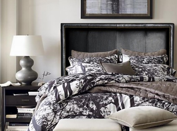Rectangular Black Leather-Like Headboard with Nailhead Trim Detail