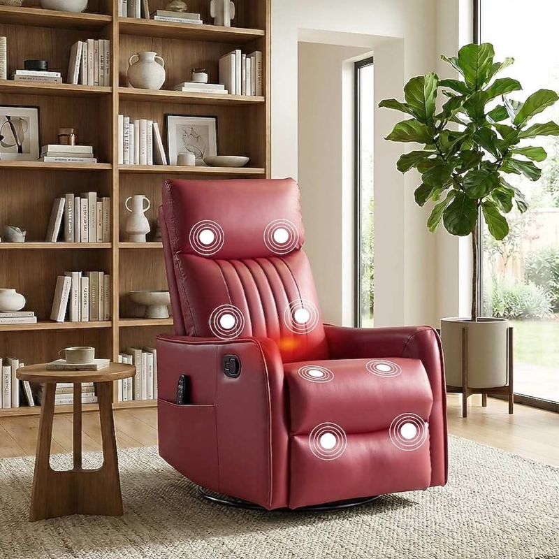 Red Faux Leather Swivel Recliner with Built-in Massage Function