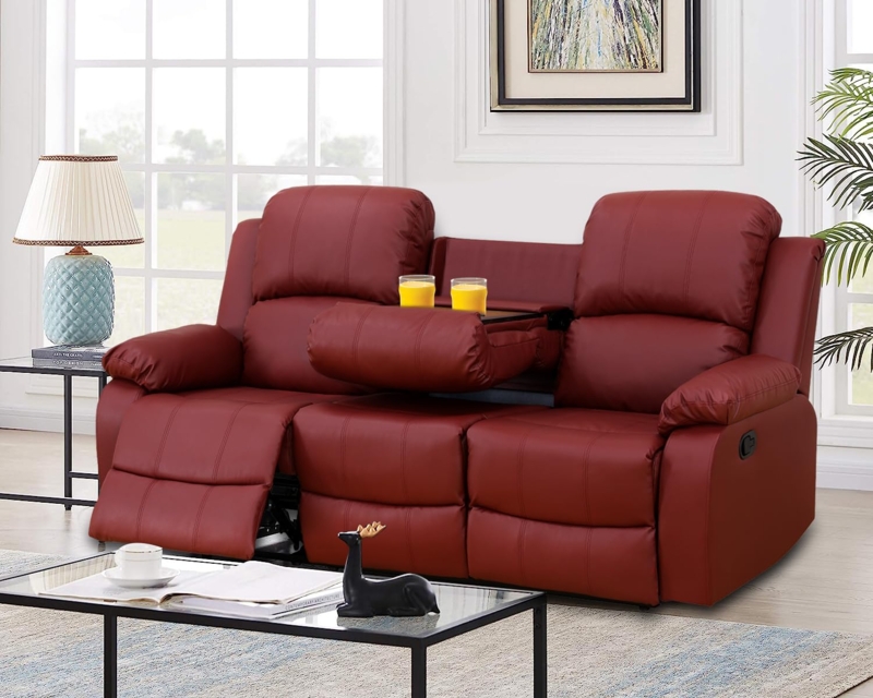 Red Reclining Sofa with Drop-Down Center Console and Cup Holders