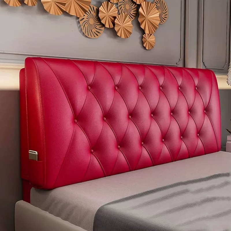 Red Tufted Headboard Faux Leather with Side Storage Pocket Glam Style