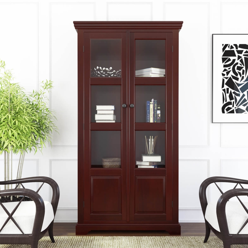 Reddish-Brown Bookcase featuring Crown Molding and Glass Paned Doors