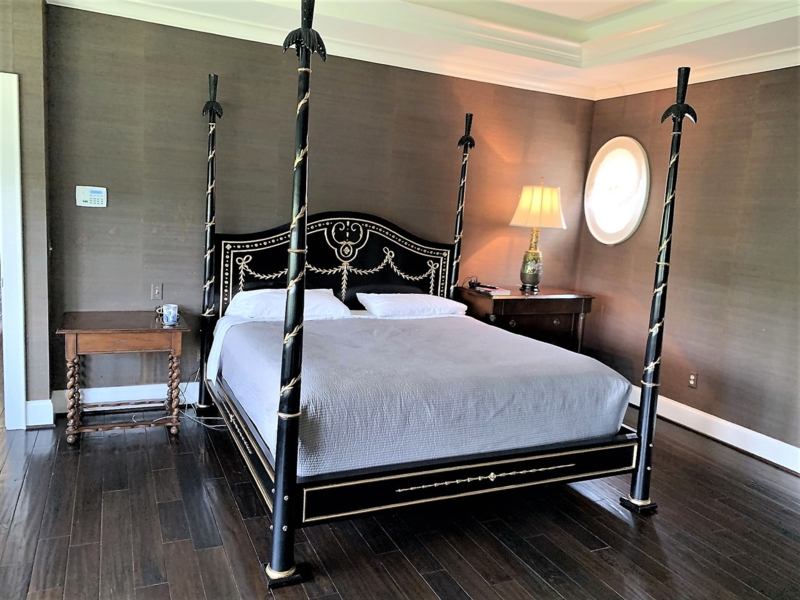 Regency Style Four Poster Bed with Gold Filigree Headboard