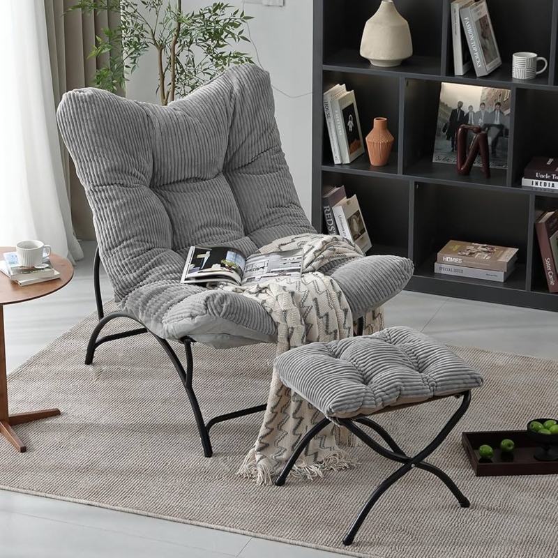 Ribbed Accent Chair with Ottoman and Oversized Cushions