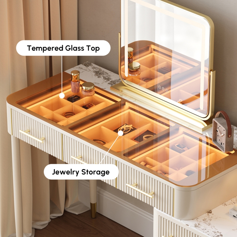Ribbed Makeup Vanity with Glass Top Jewelry Storage & Gold Legs