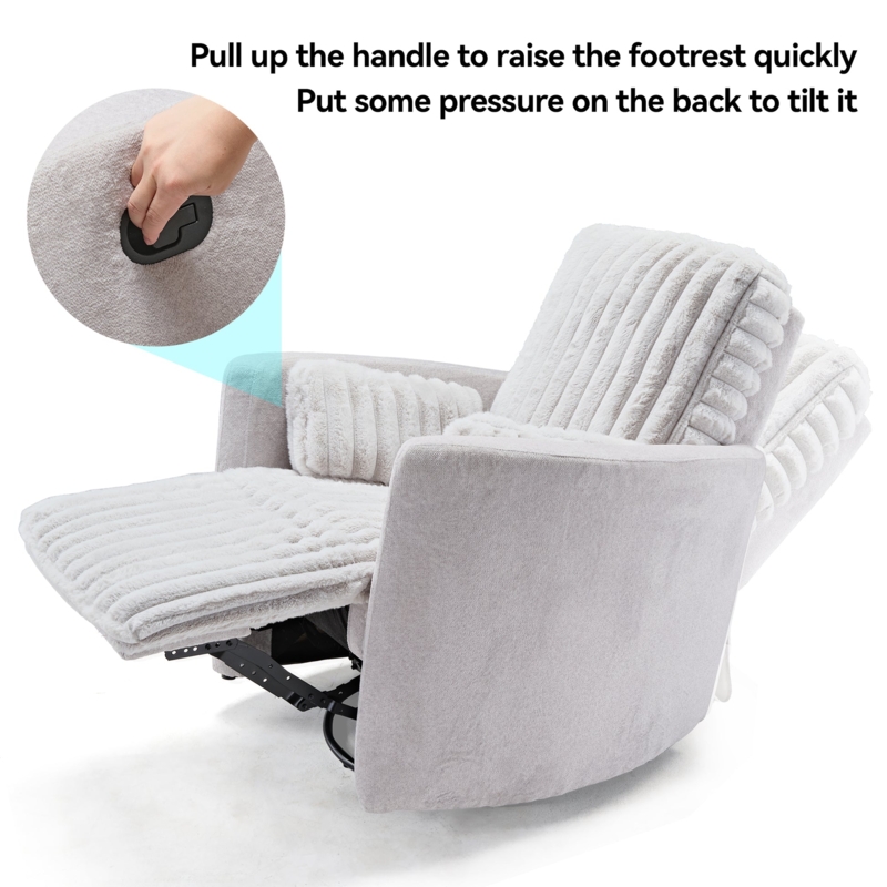 Ribbed Plush Gray Recliner Chair with Manual Pull Handle, Swivel Rocker.