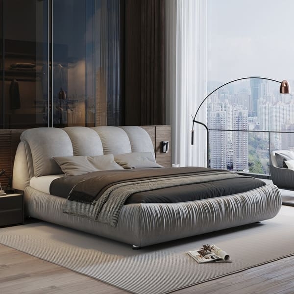 Ribbed Upholstered Bed Frame Grey Modern Segmented Headboard