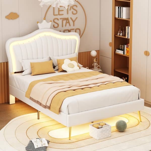 Ribbed Upholstered Bed with Crown Headboard and LED Backlighting