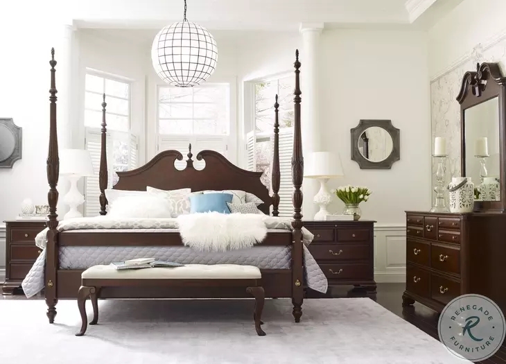 Rice Carved Poster Bed Mahogany Finish Traditional Camelback Headboard