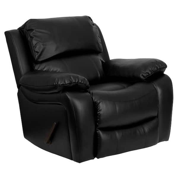 Rocker Recliner Black Leather-Like Pillow Top Armchair