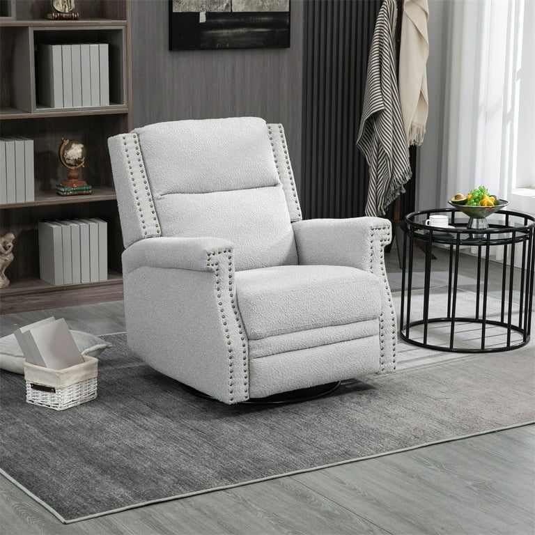 Rocker Recliner Chair, Boucle Texture with Nailhead Trim
