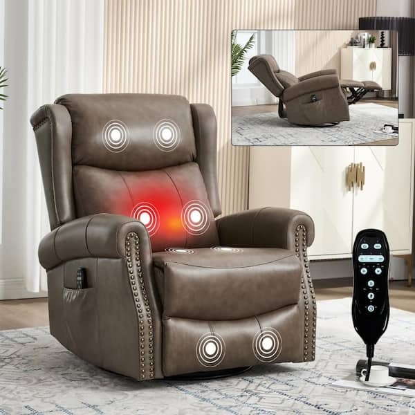 Rocker Recliner Chair Leather Like Heat Massage Nailhead Trim Swivel