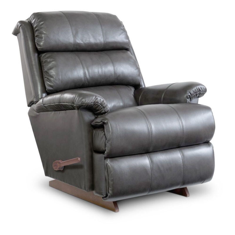 Rocker Recliner Charcoal Gray Leather-like Triple Pillow Back Wood Handle