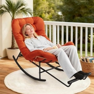 Rocking Chair Outdoor Orange Cushion Extendable Footrest Black Frame