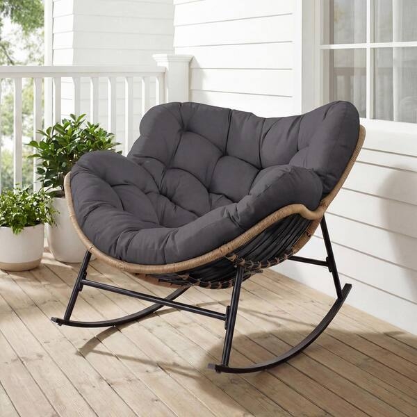Rocking Chair Outdoor Papasan Gray Tufted Cushion Black Metal Base