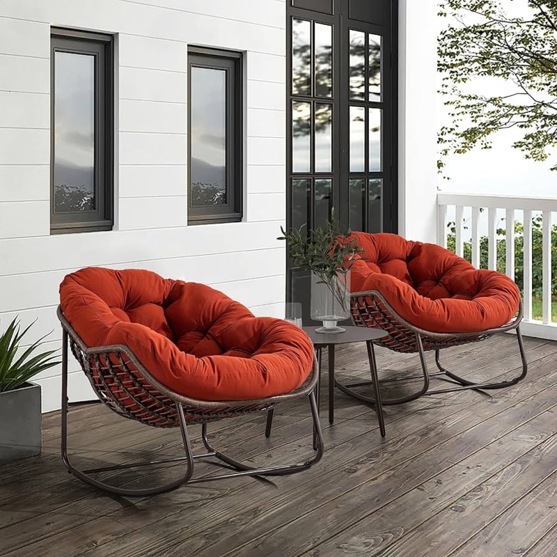 Rocking Chair Outdoor Wicker Basket Seat Brick Red Tufted Cushion