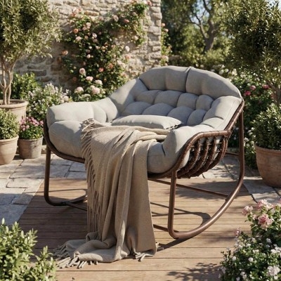 Rocking Chair Outdoor Wide Profile Tufted Gray Cushion Bronze Metal