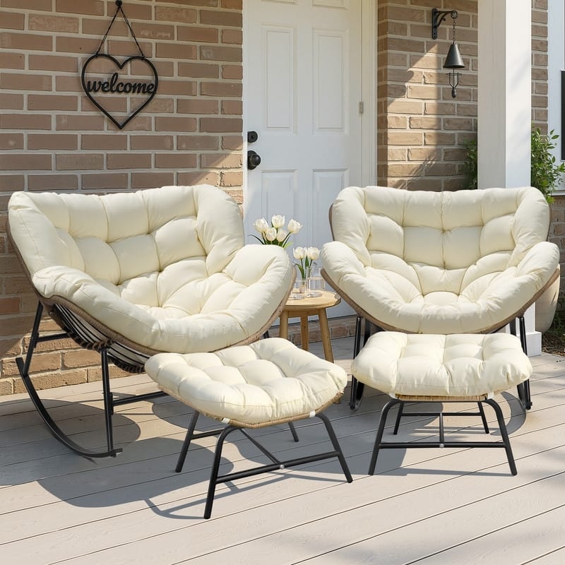 Rocking Chair Patio Papasan Cream Tufted Cushion Matching Footrest
