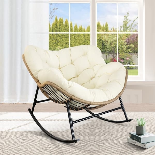 Rocking Papasan Chair Cream Tufted Cushion Black Metal Striped Detail