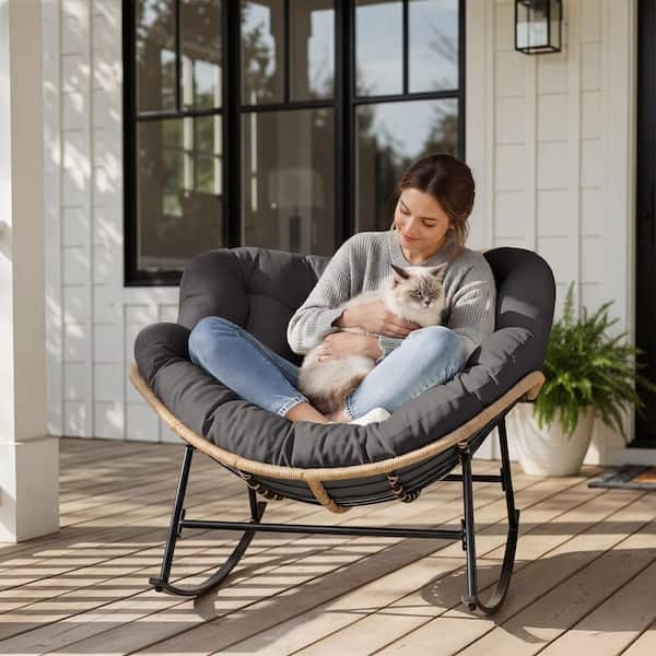 Rocking Papasan Chair Outdoor Wicker with Charcoal Gray Cushion