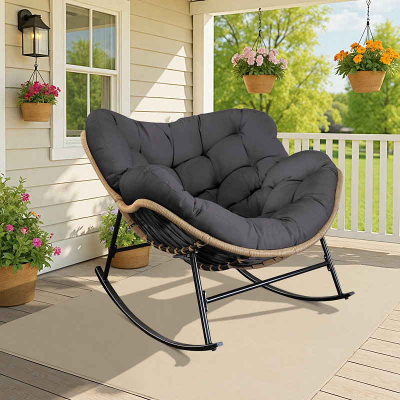 Rocking Papasan Chair Patio Oversized Charcoal Tufted Cushion