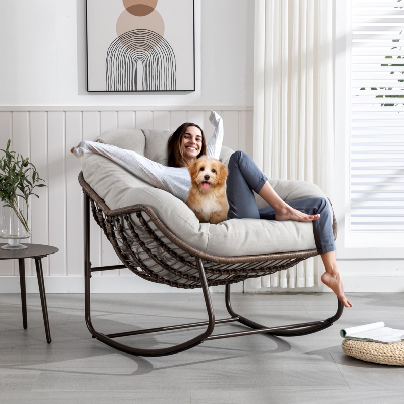 Rocking Papasan Chair with Oversized Beige Cushion and Woven Frame