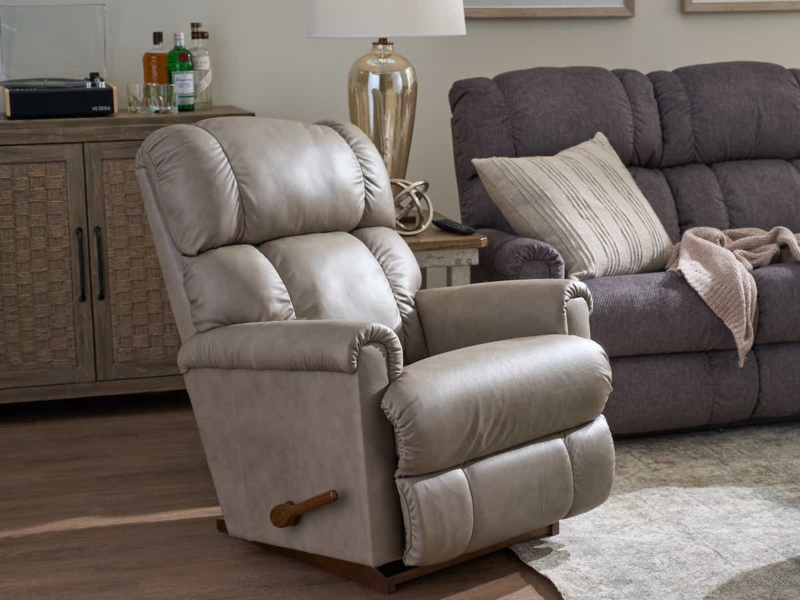 Rocking Recliner Taupe Leather Rocker with Channel-Stitched Back